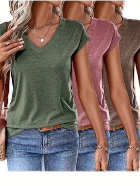 Bliwov 3 Pack Womens Cap Sleeve Tops V Neck T Shirts Summer Spring Vacation